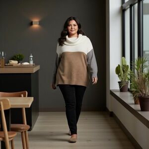 Colorblock Cowl Neck Sweater | Neutral Tan/Cream/Gray | Size 2XL